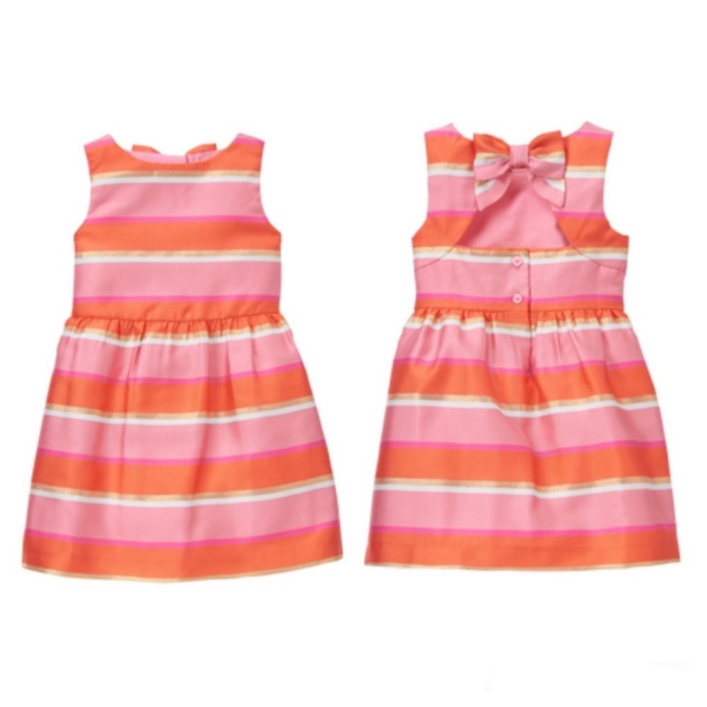 Janie and Jack | Rio Glow Pink Orange Gold Striped Dress Toddler Size 6 bow